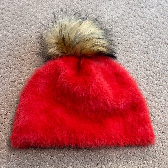 Anthropologie Torri Pommed Beanie Hat Faux Fur Pompom Red Boho Warm Ski Snow - Picture 4 of 9